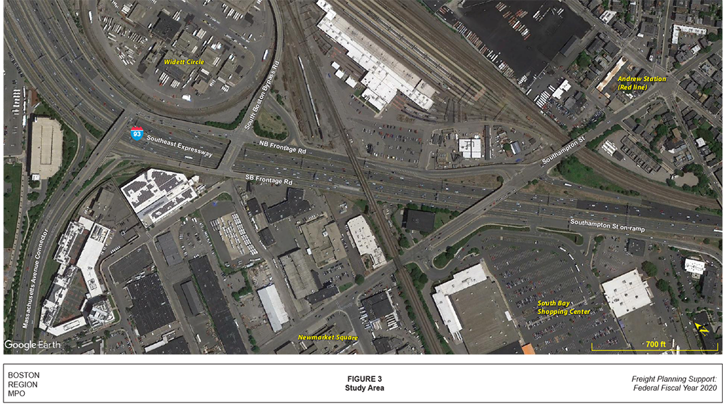 This is an aerial photo of the South Bay industrial area. Streets and highway ramps mentioned in the text are labeled, as are several important locations including the South Bay shopping center and the Andrew Red Line station.